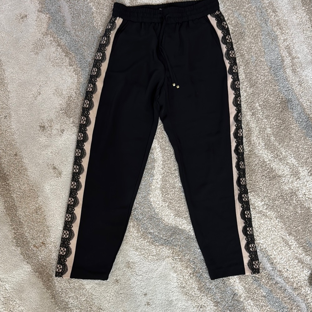 Zara Black and Cream Joggers with Patterned Side Stripes, 26